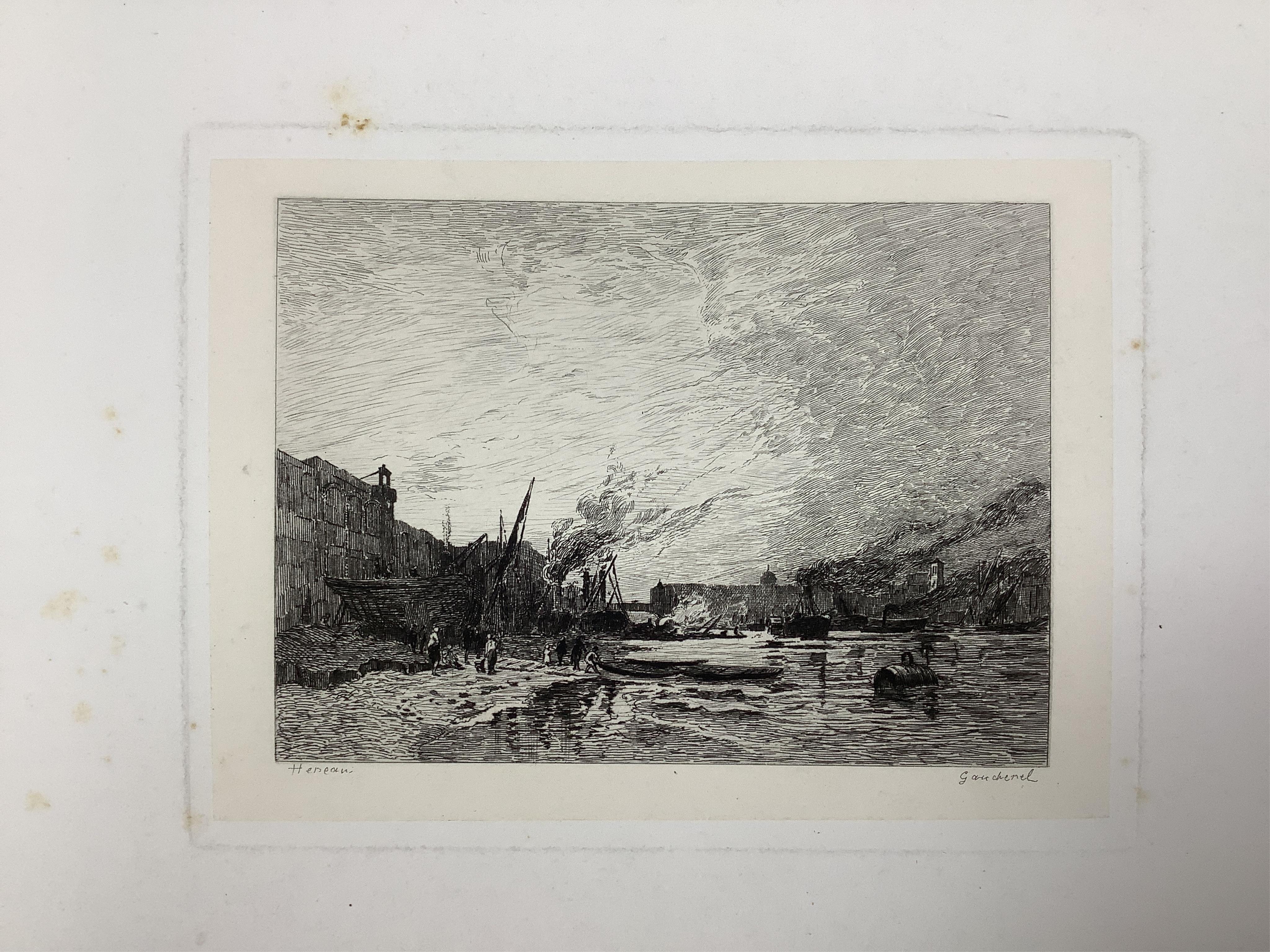 A large folio of etchings, to include after Eugene Delacroix, 'The mourning of Christ', each 45 x 32cm, housed in a leather folder